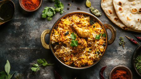 Overhead shot of Chicken Biryani in a traditional brass pot, surrounded by Indian spices, herbs,の素材