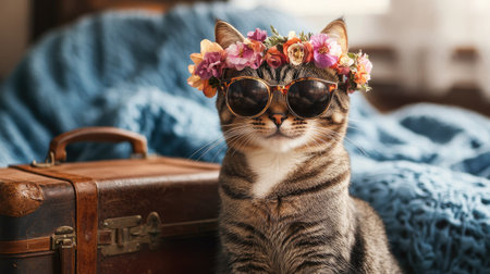 A stylish tabby cat adorned with a flower crown and sunglasses, exuding charm and cuteness. Perfect for pet lovers and nature enthusiasts.の素材