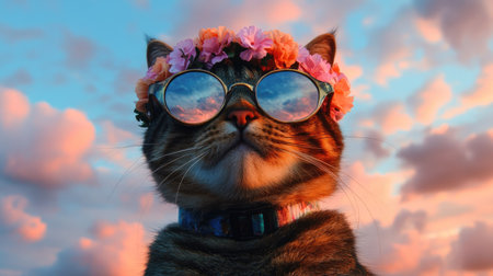 A stylish tabby cat wearing sunglasses and a floral crown, set against a colorful sky with fluffy clouds. This whimsical portrait captures the essence of feline charm and beauty.の素材