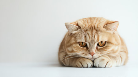 A lonely orange cat sits hunched over, displaying a sad expression. This heartfelt image captures the essence of pet emotions in a serene indoor setting.の素材
