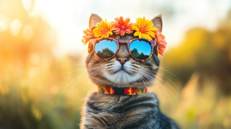 A charming tabby cat sporting vibrant floral sunglasses poses confidently in a sunny outdoor setting. This delightful animal portrait captures summer's fun spirit.の素材