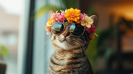 A charming tabby cat styled with a colorful flower crown and trendy sunglasses, exuding a laid-back and fashionable vibe indoors. Perfect for pet lovers.の素材