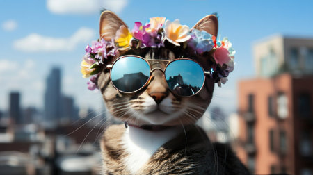 A stylish tabby cat dons a colorful flower crown and sunglasses, exuding charm against a vibrant city skyline, perfect for summer-themed projects.の素材