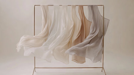 A stunning display of flowing fabrics in neutral tones, elegantly hung on a stylish clothing rack. Perfect for showcasing modern fashion and textile design.の素材