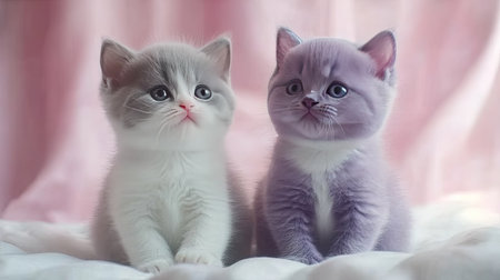This delightful image features two adorable British Shorthair kittens, one gray and one lavender, sitting close together in soft, pastel colors.の素材