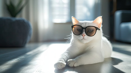 A stylish white cat wearing sunglasses lays comfortably indoors, basking in the sunlight. This elegant pet captures a cool and relaxed vibe in a cozy setting.の素材