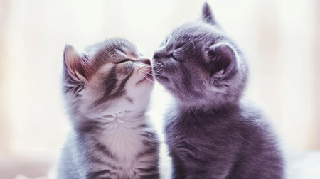 Two adorable kittens share a tender moment, showcasing their affection and playful spirit. The soft lighting enhances the sweet atmosphere between them.の素材