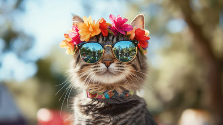 A stylish tabby cat poses playfully with sunglasses and a floral headband. The vibrant colors and cheerful expression create a delightful outdoor scene.の素材