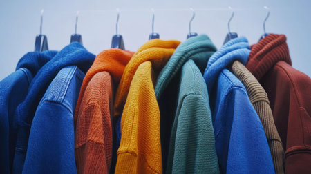 A vibrant collection of cozy sweaters hanging on a rack, showcasing stylish designs in various colors. Perfect for fashion and apparel photography.の素材
