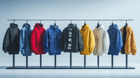 A stylish display featuring a variety of cozy sweaters and denim pieces on a modern rack, showcasing diverse colors and designs for contemporary fashion lovers.の素材