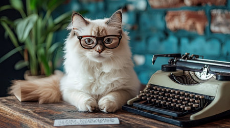 A charming white cat with stylish glasses sits beside a vintage typewriter in a cozy studio setting, exuding a playful and creative vibe.の素材
