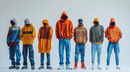 Explore a collection of trendy blue denim jeans paired with cozy hoodies. Ideal for casual looks, this display showcases modern fashion in stylish variations.の素材