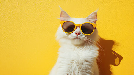 A fluffy white cat wearing stylish yellow sunglasses poses against a vivid yellow background, capturing a playful and cheerful summer vibe.の素材