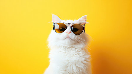 A fluffy white cat sporting stylish sunglasses poses confidently against a vibrant yellow background, showcasing a charming and playful personality. Perfect for pet enthusiasts!の素材