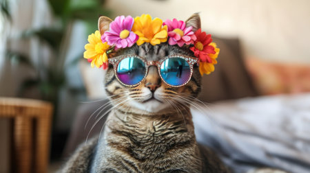 A charming tabby cat models vibrant sunglasses and a floral headband, showcasing a fun and trendy indoor lifestyle filled with joy and style.の素材