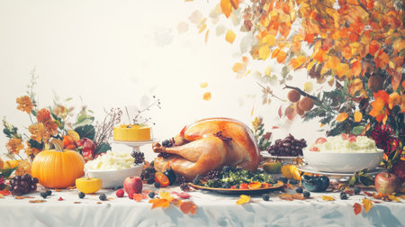 A warm and inviting Thanksgiving dinner spread featuring a beautifully roasted turkey, seasonal vegetables, and a colorful array of autumn-themed decorations.の素材