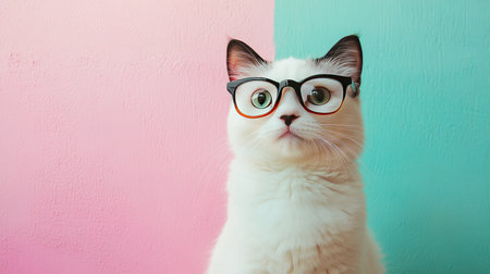 A charming white cat with stylish glasses poses against a vibrant pink and teal background, exuding personality and playful curiosity. Perfect for pet lovers!の素材