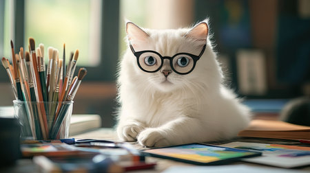 This charming image features a fluffy white cat wearing stylish glasses, sitting on a colorful desk surrounded by art supplies, capturing a playful and creative atmosphere.の素材