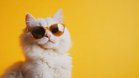 This delightful image features a fluffy white cat wearing glossy sunglasses against a bright yellow background, showcasing a playful and stylish demeanor.の素材