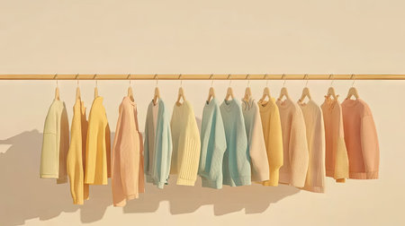 A serene display of soft toned clothes hanging on a wooden rod, showcasing a variety of styles in pastel colors, perfect for a fashionable wardrobe.の素材