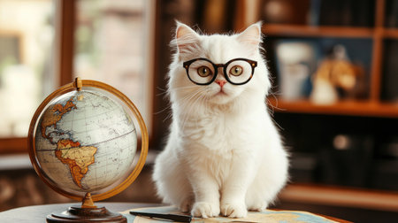 A whimsical white cat wearing glasses sits beside a globe, exuding charm and intelligence. The perfect image for animal lovers and creative projects.の素材