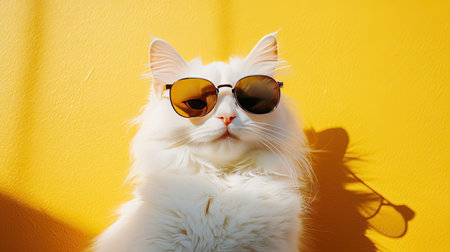 A charming white fluffy cat wearing glossy sunglasses poses against a vibrant yellow background, showcasing its cool and playful personality in this delightful portrait.の素材