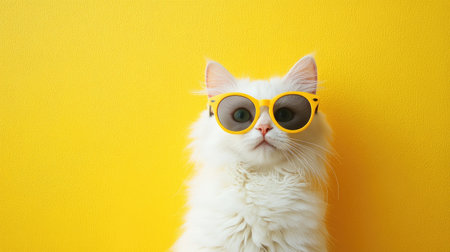 A charming white cat wearing stylish yellow sunglasses poses against a vibrant yellow background, adding a playful and fun element to any collection.の素材