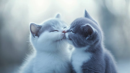 Two charming British Shorthair kittens share a sweet moment, showcasing their playful and affectionate nature. Perfect for cat lovers and pet enthusiasts.の素材