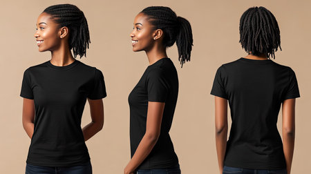 This collection features front, side, and back views of a black women's t-shirt, showcasing its stylish design and versatile fit on a model against a neutral background.の素材