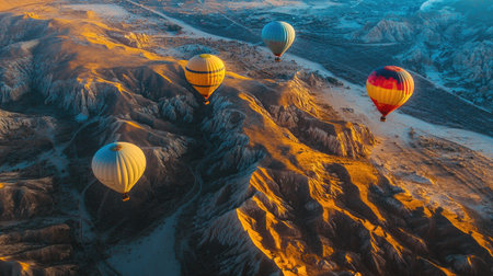 Enjoy this stunning aerial view of colorful hot air balloons gracefully floating above a serene sandy landscape, capturing the essence of adventure and tranquility.の素材