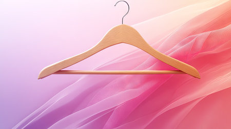 An elegant wooden clothes hanger displayed against a soft pink and purple background, perfect for showcasing fashion items or enhancing home decor aesthetics.の素材