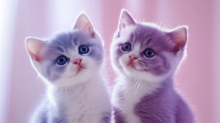 This lovely image captures two adorable British Shorthair kittens with beautiful blue eyes, showcasing their charming expressions and soft fur in a pastel background.の素材
