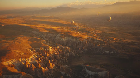 Experience the tranquility of hot air balloons gently drifting above a breathtaking golden landscape, showcasing nature's beauty at sunset.の素材