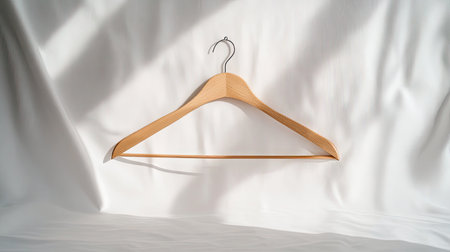 A minimalist wooden coat hanger is elegantly displayed against a white fabric backdrop, showcasing a blend of simplicity and style in this artful composition.の素材