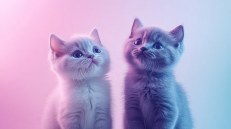 Two adorable British Shorthair kittens sit together, exhibiting a playful and curious demeanor against a colorful backdrop, perfect for pet lovers.の素材
