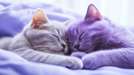 Two adorable British Shorthair kittens peacefully sleeping together, showcasing their fluffy fur and sweet expressions in a cozy environment. Perfect for animal lovers.の素材