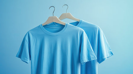 Two light blue shirts are hanging on wooden hangers against a soft blue background. Ideal for showcasing casual men's fashion and apparel designs.の素材