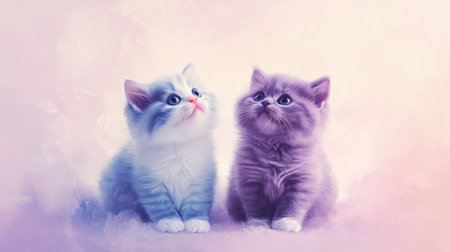 Two adorable British Shorthair kittens sit side by side, gazing curiously with innocent expressions, surrounded by a soft pastel background, perfect for animal lovers.の素材