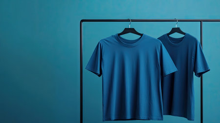 Discover a stunning display of deep blue unisex shirts elegantly hanging in a modern setting, perfect for showcasing casual fashion styles and designs.の素材