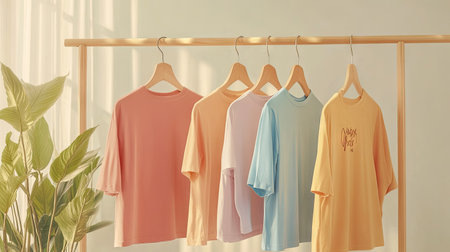 A charming display of colorful shirts hanging in soft sunlight. This stylish arrangement showcases vibrant shades, perfect for summer fashion and decor.の素材
