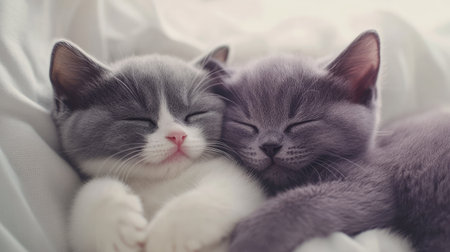 Two adorable British Shorthair kittens peacefully snuggle together, showcasing their soft fur and charming expressions. Perfect for animal lovers!の素材