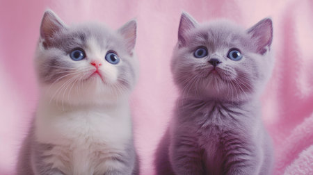 Two adorable blue British Shorthair kittens sit together, their big bright eyes and fluffy fur creating a charming and endearing scene in soft lighting.の素材
