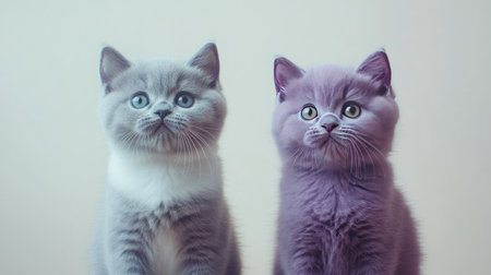 Two charming British Shorthair kittens, one blue and one gray, display their delightful expressions in a soft and minimalistic setting, showcasing their adorable features.の素材