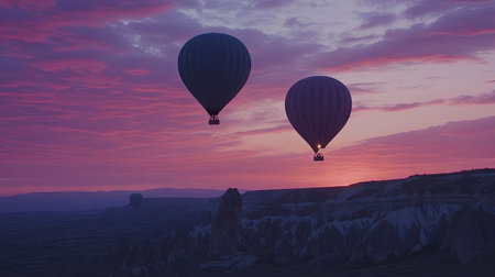 Witness stunning hot air balloons lifting off at dawn, soaring over a breathtaking landscape filled with vibrant colors and serene skies, perfect for adventure lovers.の素材