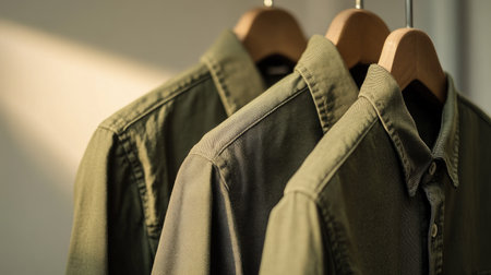 A collection of olive green full sleeve shirts elegantly hanging on wooden hangers, showcasing modern fashion in a natural light setting, perfect for casual wear.の素材
