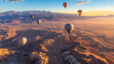 A stunning aerial view of colorful hot air balloons floating gracefully above a vast desert landscape, illuminated by the warm glow of sunrise.の素材