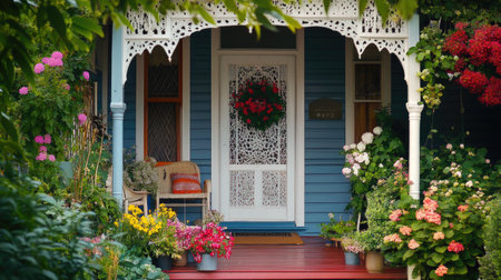 A charming Australian cottage featuring a beautifully adorned porch surrounded by vibrant flowers, creating an inviting and peaceful outdoor space.の素材