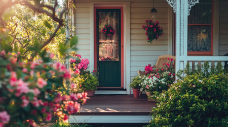 A charming Australian cottage features a beautiful porch adorned with vibrant flowers, creating a serene and inviting atmosphere perfect for relaxation.の素材