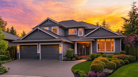 A stunning contemporary grey home captures the beauty of a sunset. This picturesque scene showcases lush gardens, vibrant greenery, and an inviting atmosphere.の素材