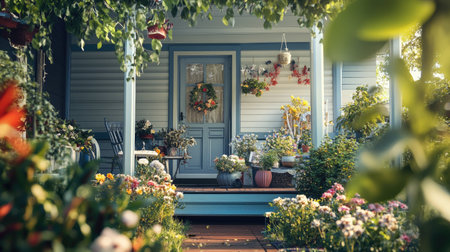 Discover a charming Australian garden featuring a beautiful porch adorned with vibrant flowers and lush greenery, capturing the essence of outdoor tranquility.の素材